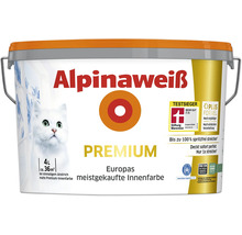 Eimer Alpinaweiß Premium Innenfarbe 4 Liter für bis zu 36 Quadratmeter, matte Wandfarbe mit Stiftung Warentest Testsieger Auszeichnung