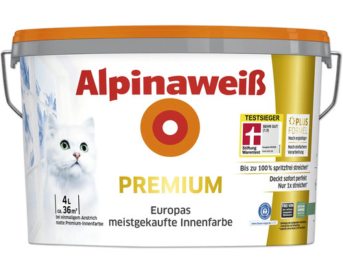 Eimer Alpinaweiß Premium Innenfarbe 4 Liter für bis zu 36 Quadratmeter, matte Wandfarbe mit Stiftung Warentest Testsieger Auszeichnung
