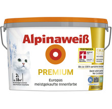 Eimer Alpinaweiss Premium Innenfarbe, 2 Liter, für circa 18 Quadratmeter, matte Wandfarbe mit Blauer Engel Zertifizierung und Testsiegel.