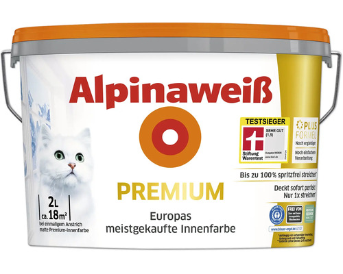 Eimer Alpinaweiss Premium Innenfarbe, 2 Liter, für circa 18 Quadratmeter, matte Wandfarbe mit Blauer Engel Zertifizierung und Testsiegel.