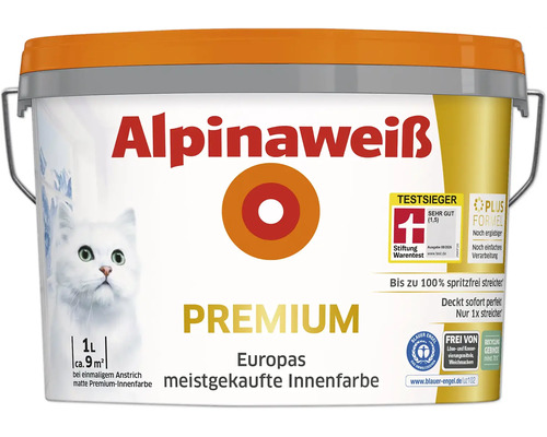 Eimer Alpinaweiss Premium Innenfarbe mit Katze Motiv und Stiftung Warentest Testsieger Auszeichnung für ein Liter Reichweite für neun Quadratmeter
