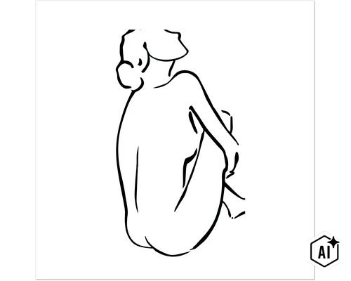 Wandbild mit minimalistischer Linienzeichnung einer sitzenden Frauenfigur (Image AI modified or generated)
