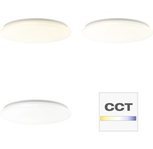Trois plafonniers avec différentes couleurs de lumière et symbole CCT.