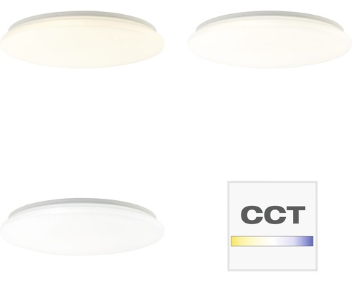 Trois plafonniers avec différentes couleurs de lumière et symbole CCT.