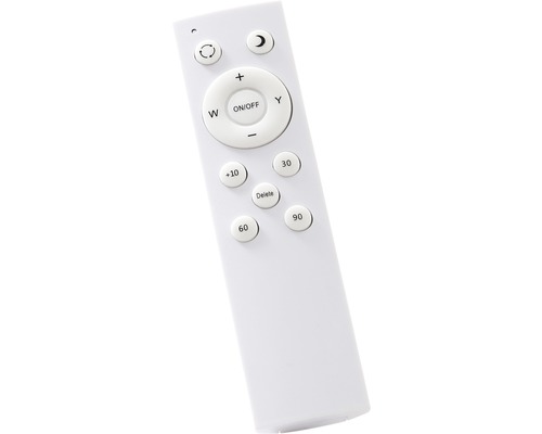 Télécommande blanche pour éclairage avec différents boutons pour contrôler les modes d''éclairage et la luminosité.