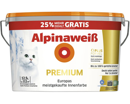 Eimer Alpinaweiss Premium Innenfarbe mit 12,5 Liter Inhalt fuer 112 Quadratmeter Anstrich mit 25 Prozent mehr Inhalt