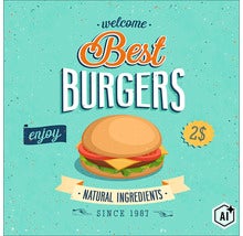 Vintage Poster mit Hamburger Grafik und Text Best Burgers sowie Hinweis auf natürliche Zutaten seit 1987. (Image AI modified or generated)