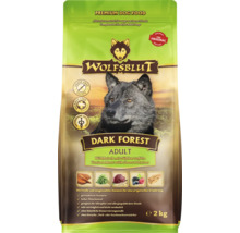 Aliments pour chiens WOLFSBLUT Dark Forest au gibier et à la patate douce, sans céréales, paquet de 2 kilogrammes pour chiens adultes.