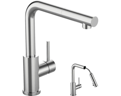 Mitigeur de cuisine moderne avec douchette extractible et levier de commande en acier inoxydable.