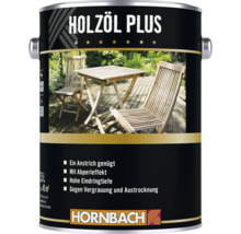 Huile pour bois HORNBACH Plus pour l entretien des meubles de jardin et des terrasses en bois, récipient de 2,5 litres.