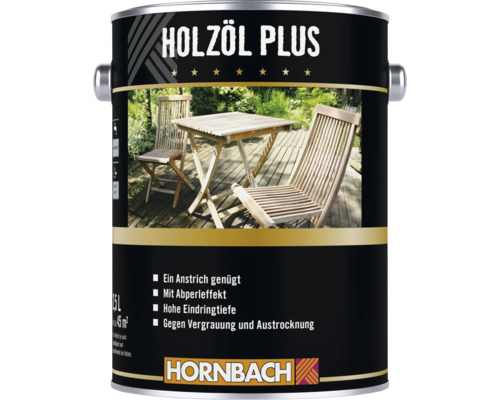 Huile pour bois HORNBACH Plus pour l entretien des meubles de jardin et des terrasses en bois, récipient de 2,5 litres.