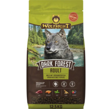 Aliments secs pour chiens adultes Wolfsblut Dark Forest au gibier et aux patates douces, sac de 12,5 kilogrammes.