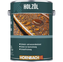 Un bidon de 2,5 litres d huile pour bois Hornbach pour une protection antisalissure et hydrofuge avec ravivage de la couleur du bois.