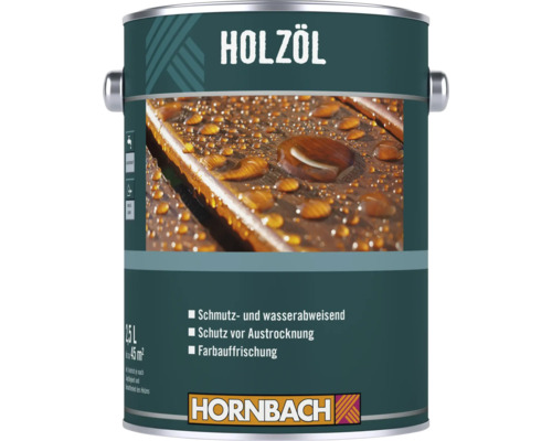 Un bidon de 2,5 litres d huile pour bois Hornbach pour une protection antisalissure et hydrofuge avec ravivage de la couleur du bois.