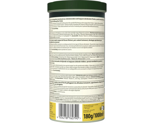 Boîte de nourriture pour poissons de bassin Tetra Pond Flakes avec informations sur le produit et ingrédients au dos.