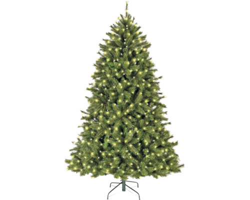 Sapin de Noël artificiel avec guirlande lumineuse LED intégrée sur un support en métal pour la décoration.