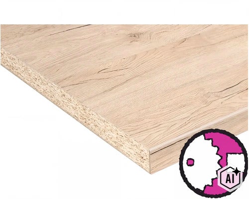 Holzwerkstoffplatte mit Eichenholzoptik und Sägeblatt Symbol für Zuschnittservice (Image AI modified or generated)