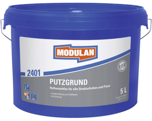 Primaire d'accrochage Modulan 2401, avec grain pour peintures structurées et enduits, seau de 5 litres.