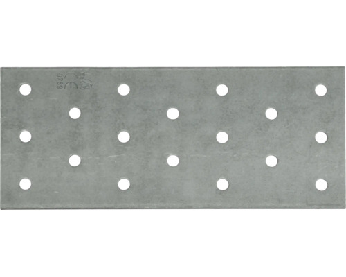 Plaque de connexion rectangulaire perforée en acier galvanisé avec perçage uniforme pour assemblage de bois.