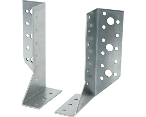 Zwei verzinkte Pfostenträger aus Stahl in U-Form mit vorgebohrten Löchern zur stabilen Montage von Holzbalken.
