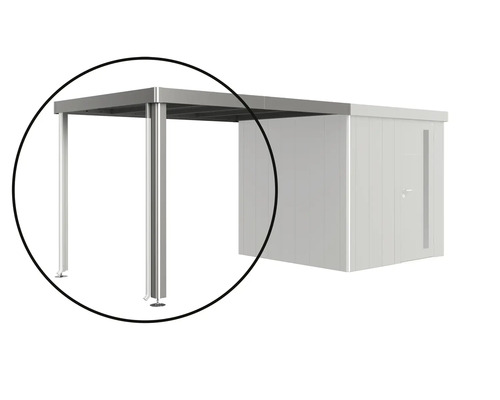 Detailansicht eines Metall-Carports mit integriertem Geräteschuppen für den Außenbereich.