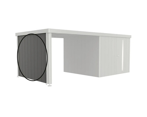 Wandelement für Gartenhaus mit Carport, Seitenwand aus Profilholz, Sichtschutz für Außenbereich.
