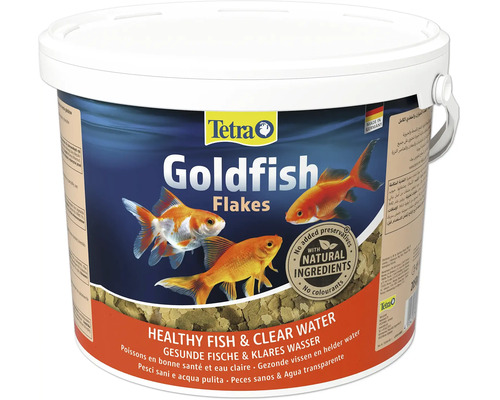 Tetra Goldfischfutter Flocken im Eimer zur Ernährung von Goldfischen für gesunde Fische und klares Wasser.