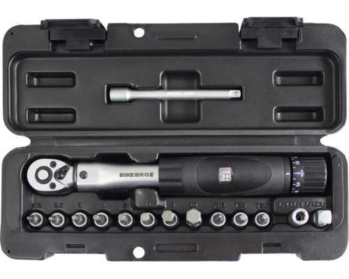 Set de clé dynamométrique Bikebroz dans un coffret en plastique avec divers embouts et rallonge pour un serrage précis