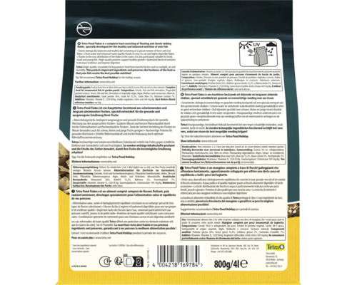 Aliment complet Tetra Pond Flakes pour poissons de bassin en emballage de 800 grammes avec conseils d'alimentation et ingrédients.
