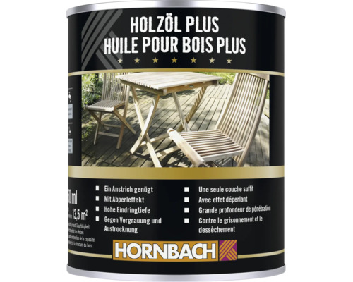 Pot de huile pour bois plus Hornbach pour meubles de jardin et terrasses en bois avec informations sur application rendement et protection