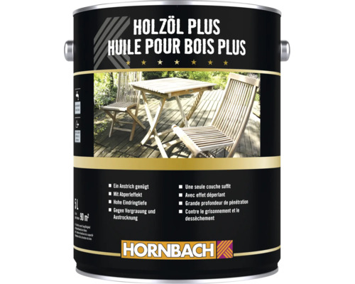 Un bidon d huile pour bois Plus Hornbach de 5 litres pour la protection des meubles de jardin en bois en extérieur.