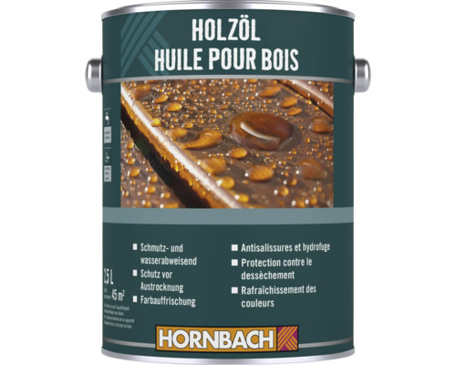 Eine Dose Hornbach Holzöl, 2,5 Liter, zum Schutz und zur Auffrischung von Holzoberflächen, wasserabweisend.