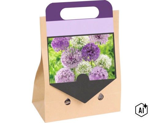 Sac en papier contenant des bulbes d ail ornemental avec des fleurs sphériques violettes et blanches (Image AI modified or generated)