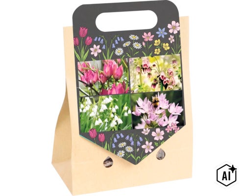 Mélange de bulbes à fleurs dans un sac en papier avec des motifs de fleurs illustrés et photographiques. (Image AI modified or generated)