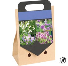 Sac en papier avec bulbes à fleurs pour diverses fleurs printanières au jardin (Image AI modified or generated)