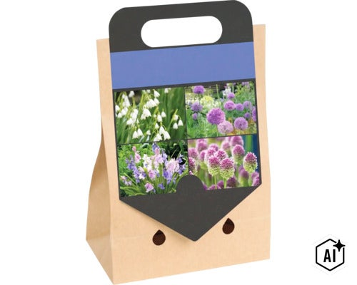 Sac en papier avec bulbes à fleurs pour diverses fleurs printanières au jardin (Image AI modified or generated)