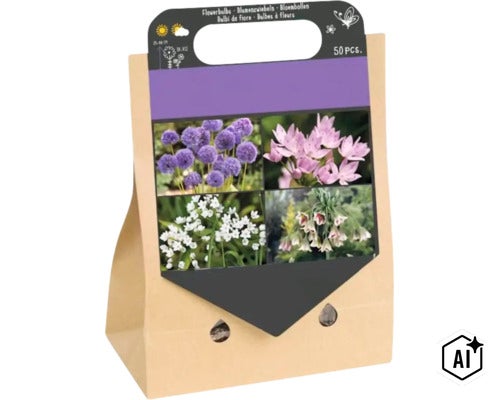 Lot de 50 bulbes de fleurs pour diverses variétés d allium dans un sac en papier avec poignée et informations illustrées sur les variétés. (Image AI modified or generated)
