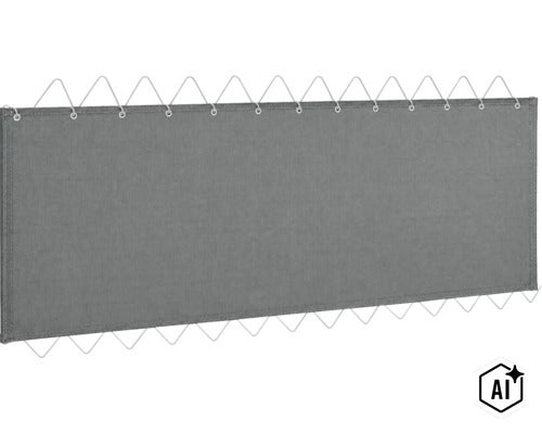 Brise-vue de balcon en textile avec œillets et corde de tension pour fixation sur rampe de balcon. (Image AI modified or generated)