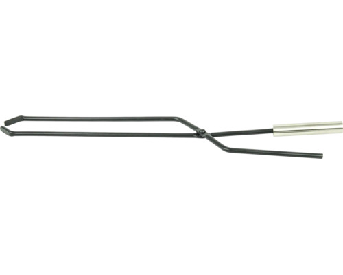 Eine lange Metallzange für den Kamin oder Grill mit zwei Greifarmen und einem Metallgriff.