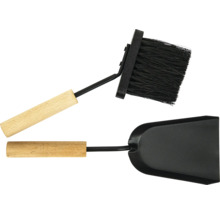 Set d accessoires de cheminée composé d une balayette à poils et d une pelle avec manches en bois
