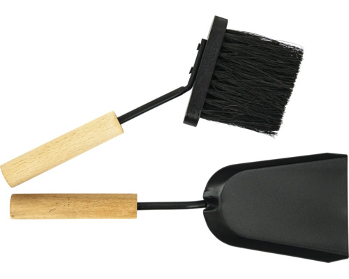 Set d accessoires de cheminée composé d une balayette à poils et d une pelle avec manches en bois