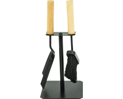 Set d accessoires de cheminée avec pelle et balai sur support avec poignées en bois