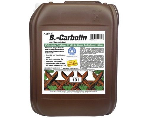 Bidon de 10 litres de lasure pour bois B. Carbolin à base d huile végétale pour une protection extérieure résistante avec label Ange Bleu.
