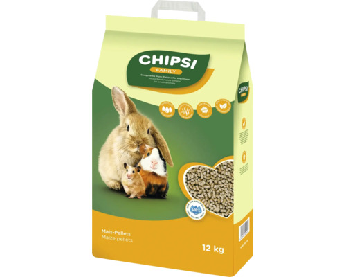 Granulés de maïs Chipsi Family comme litière très absorbante pour petits animaux dans un sac de 12 kilogrammes