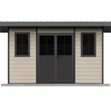 Abri de jardin moderne avec deux fenêtres et porte double, en bois, adapté pour l extérieur.