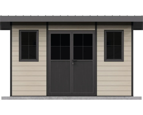 Abri de jardin moderne avec deux fenêtres et porte double, en bois, adapté pour l extérieur.