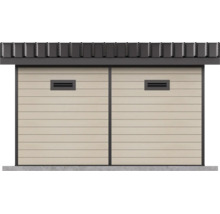 Mur de maison de jardin moderne avec bardage horizontal et grilles de ventilation intégrées et bandeau de toit sombre