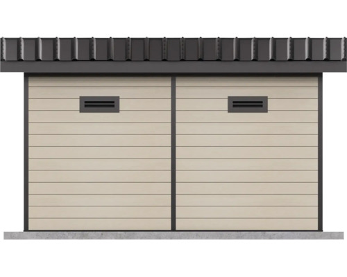 Mur de maison de jardin moderne avec bardage horizontal et grilles de ventilation intégrées et bandeau de toit sombre