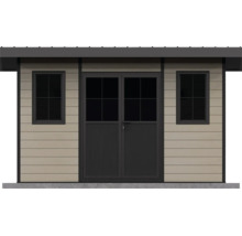 Modernes Gartenhaus mit Doppeltür und zwei Fenstern, Wandelemente in Paneeloptik, ideal als Gerätehaus oder Freizeitraum im Garten.