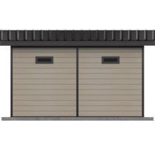 Moderne Gartenhaus Wandansicht mit horizontaler Holzverkleidung und Lüftungsschlitzen